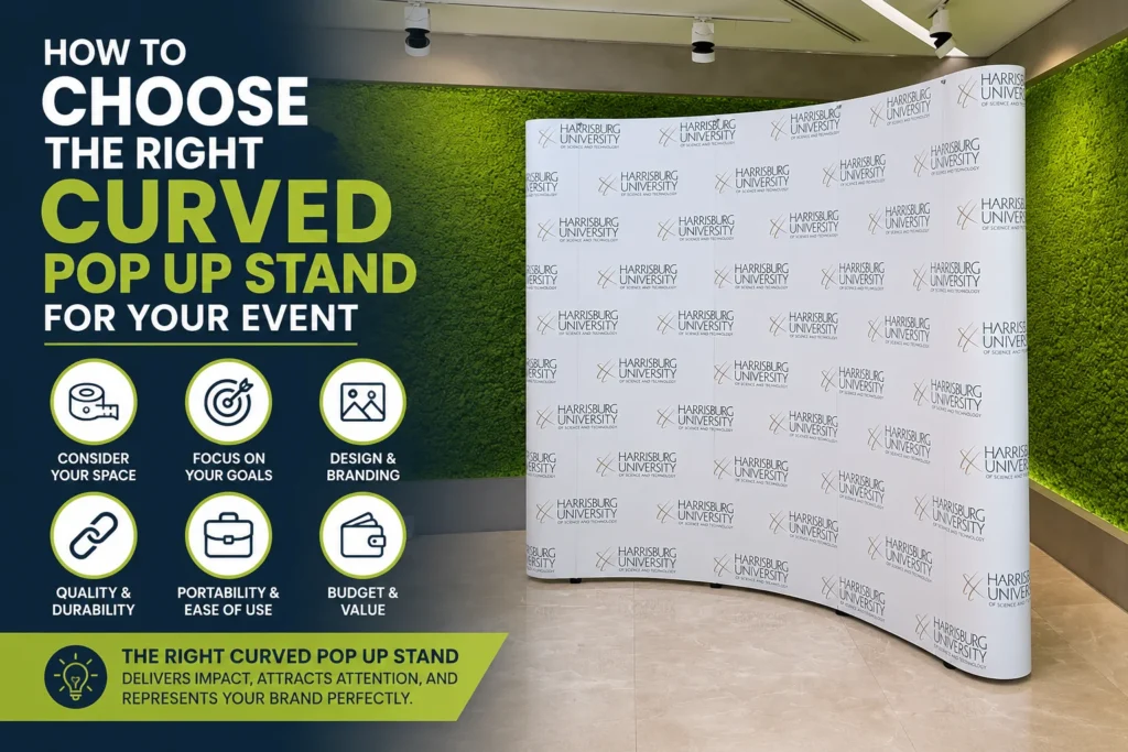 Curved pop up stand for exhibitions, trade shows, conferences, and promotional events with a custom printed display backdrop in Dubai. Select 80 more words to run Humanizer.