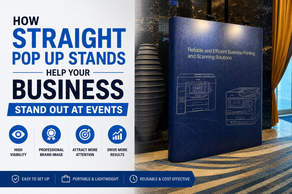 Straight Pop Up Stand Dubai display at an exhibition, showing how pop up stands help businesses stand out at events.